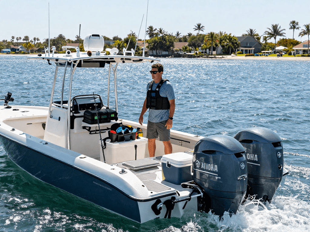 Excited boater next to Yamaha outboard motor on a boat, enjoying a sunny day on the water.