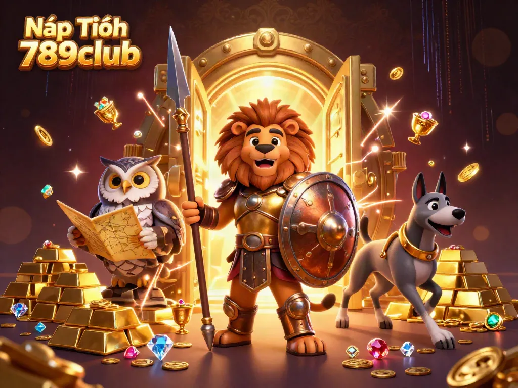 Experience Nạp Tiền 789club with dynamic golden treasure elements and heroic characters.