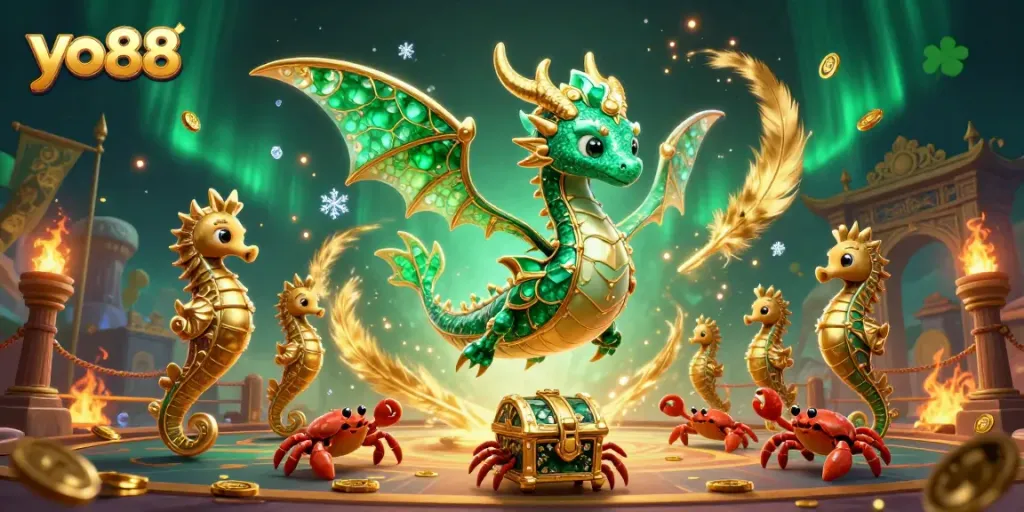 Enjoy exhilarating gaming with yo88's emerald sea dragon and treasure on display!