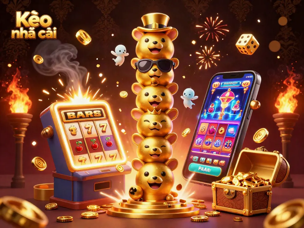 Kèo nhà cái showcases a vibrant casino scene with a golden totem pole and exploding slot machine.