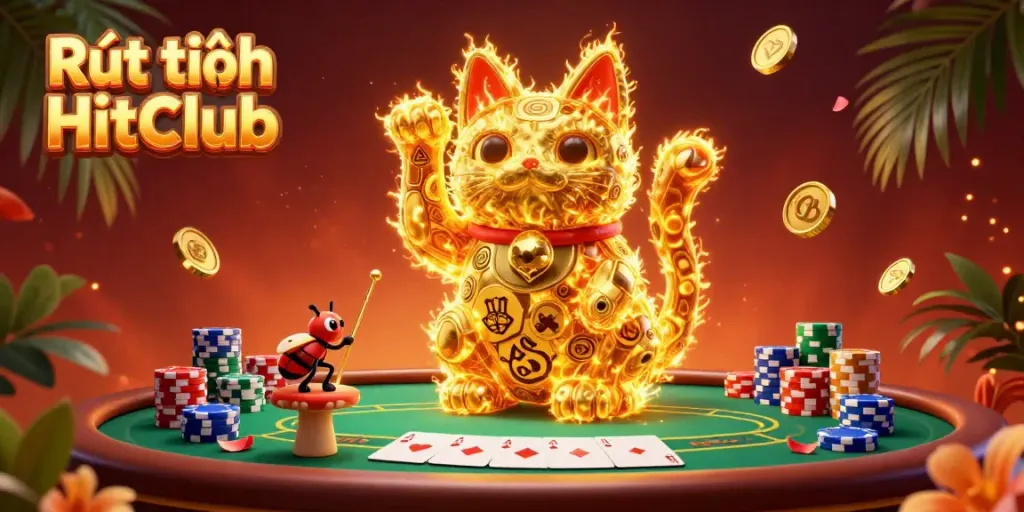 Experience Rút tiền HitClub with a vibrant casino-themed scene featuring a lucky cat and poker elements.