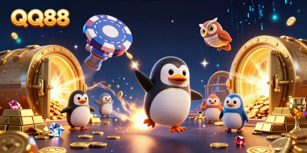 Experience exhilarating wins at QQ88, where a golden penguin races toward treasure in a thrilling casino scene.