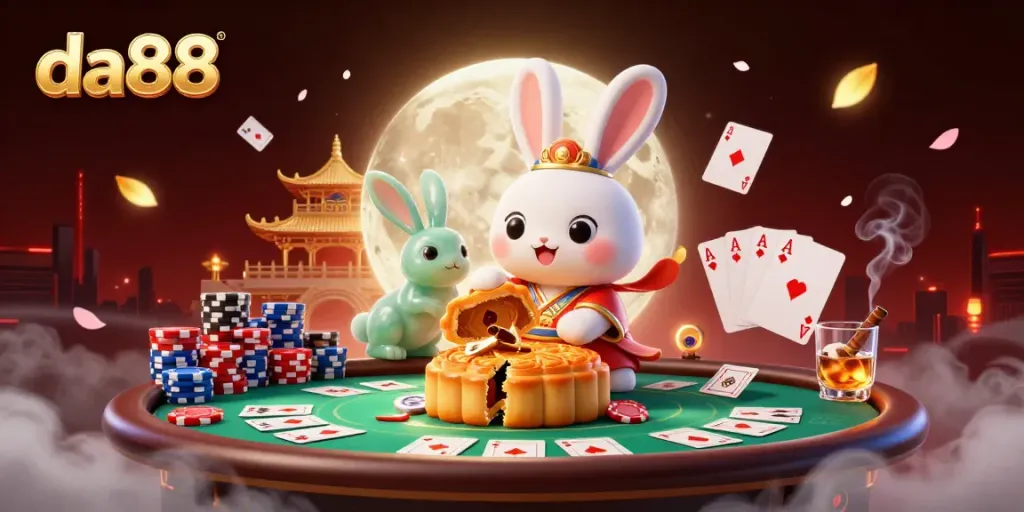 Experience the excitement of da88, where a moon rabbit reveals poker chips, representing the thrills of online gambling.