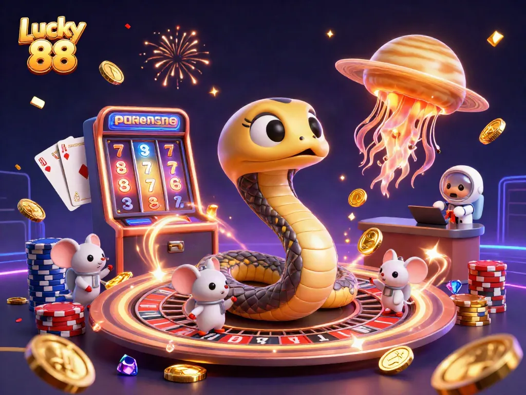 Spin the Lucky 88 slot reels with vibrant casino scenes filled with gold coins and playful characters.