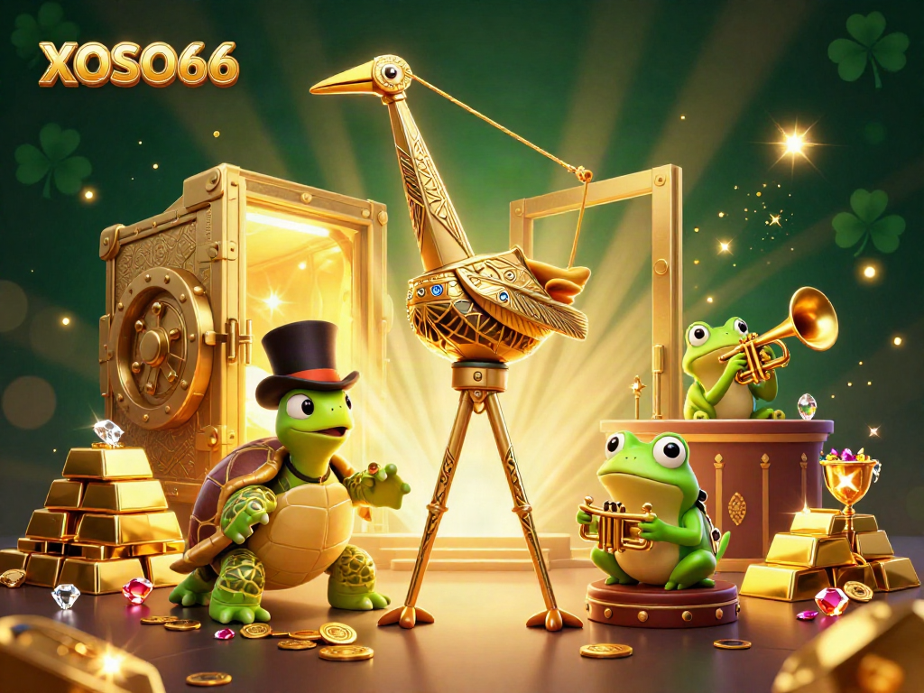Experience the thrill of XOSO66 with vibrant casino elements and enchanting characters in a dazzling scene.