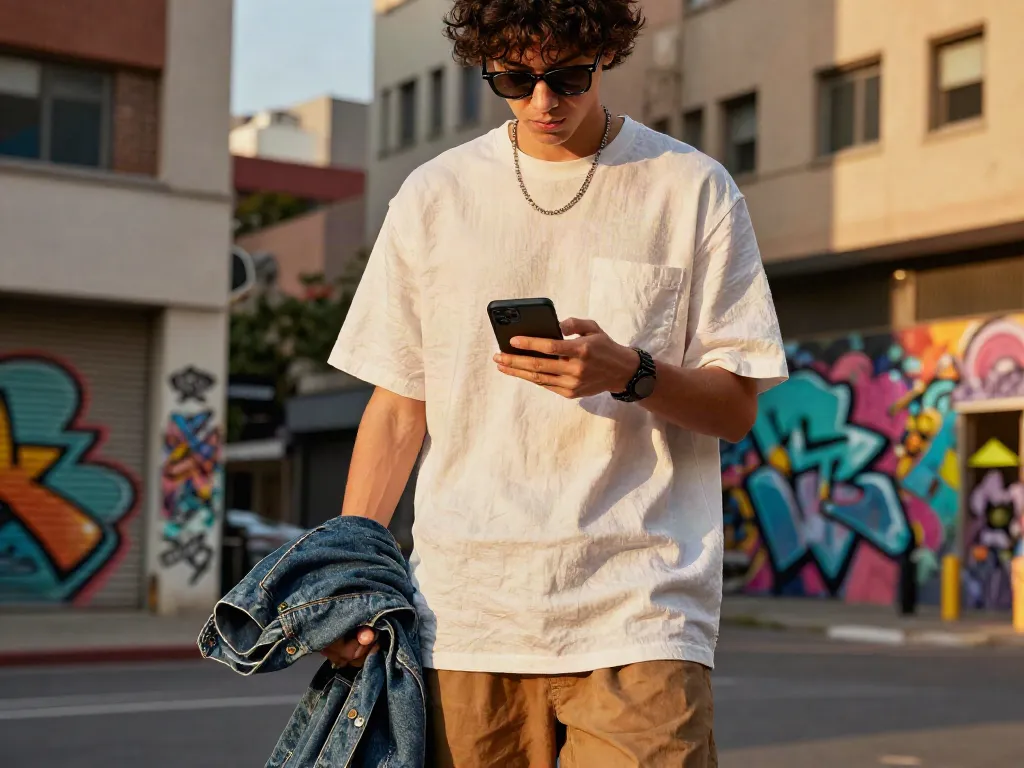 Fashionable individual showcasing modern style with rokok88's quality fabrics in dynamic urban setting.