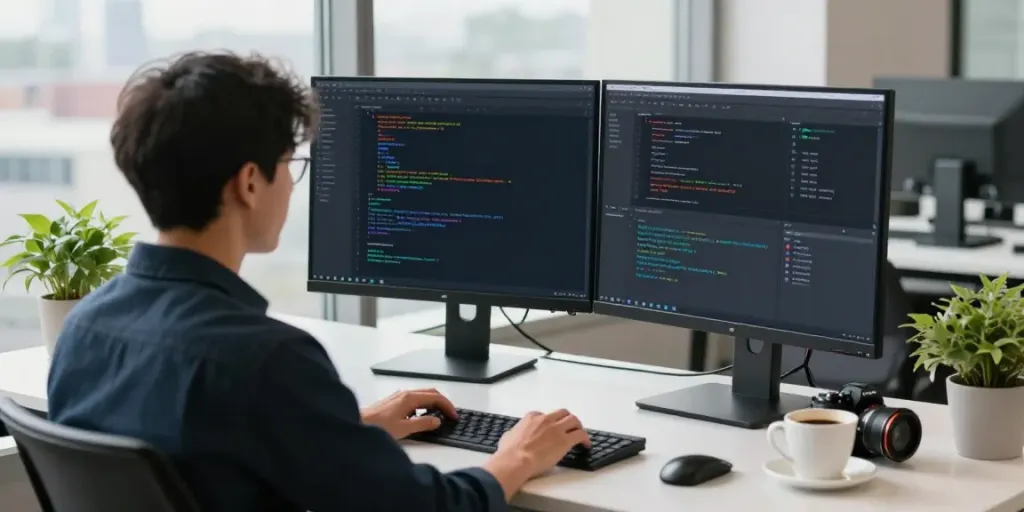 Developer focused on publishing software article in modern workspace with dual monitors and natural light.