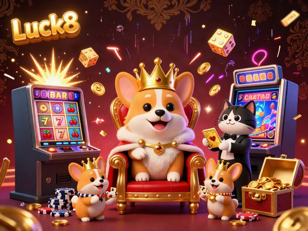 Experience the vibrant Luck8 casino with a royal corgi and a cat butler amidst a jackpot explosion of coins.