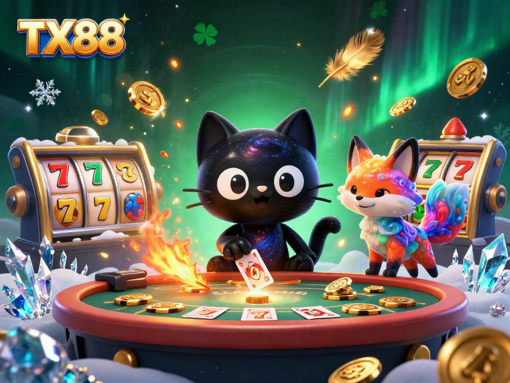 TX88 cat charms players at cosmic casino with swirling galaxy and colorful fox companion.