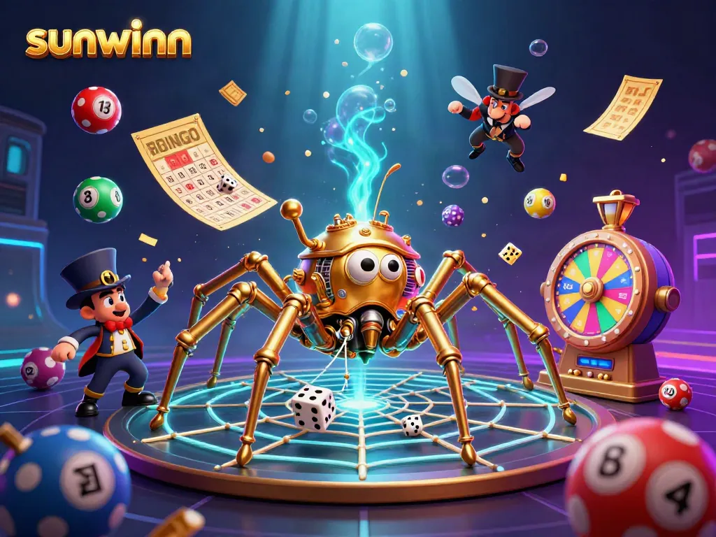 Experience the thrilling gaming atmosphere at sunwinn, featuring dynamic lottery elements and a whimsical spider web.