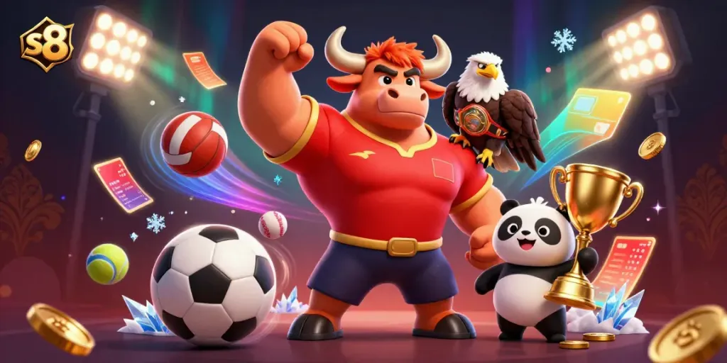 Experience sports betting excitement with S8 in this vibrant 3D scene featuring animated characters and dynamic elements.