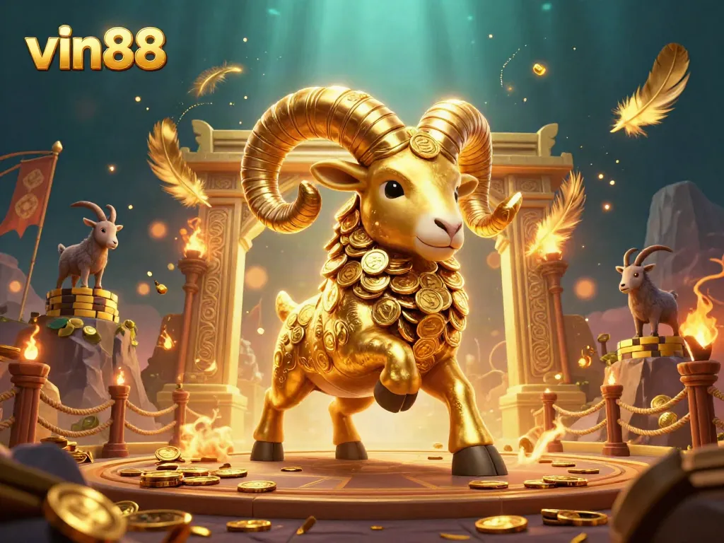Engage in thrilling casino action at vin88 with a vibrant 3D scene showcasing a golden ram charging through an ornate gate.