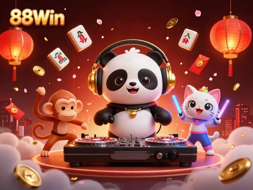 Join the fun at 88Win with vibrant characters spinning and celebrating in a lively casino scene.