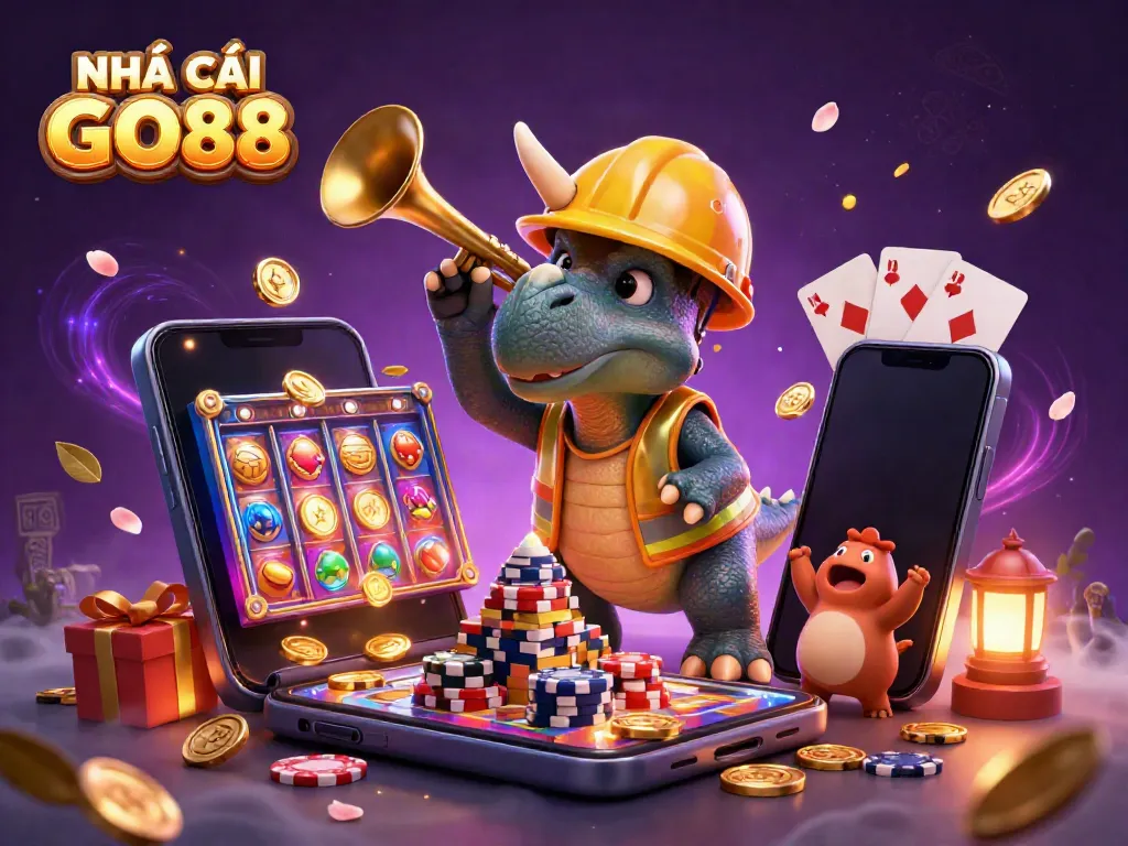 Experience the excitement of NHÀ CÁI GO88 with a whimsical 3D illustration featuring vibrant casino elements and animated characters.