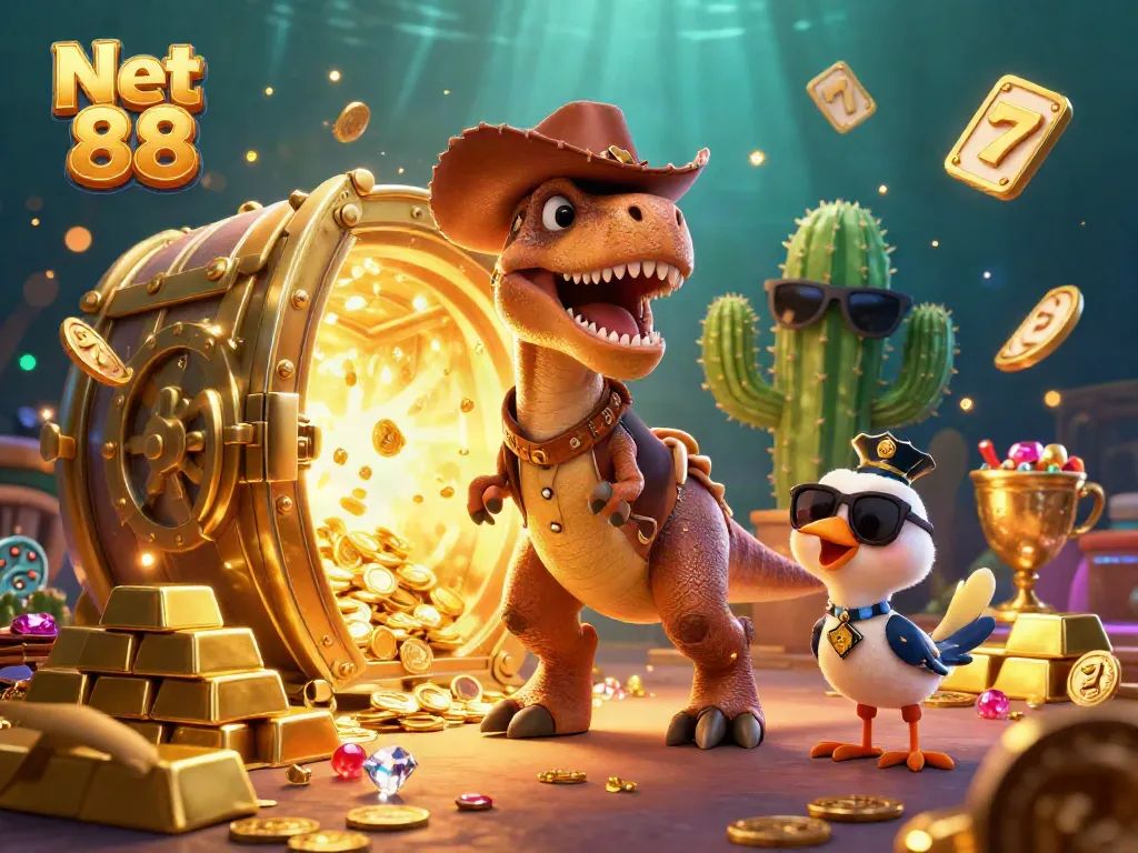 Experience exciting bets with Net 88 featuring cartoon characters and casino treasures.