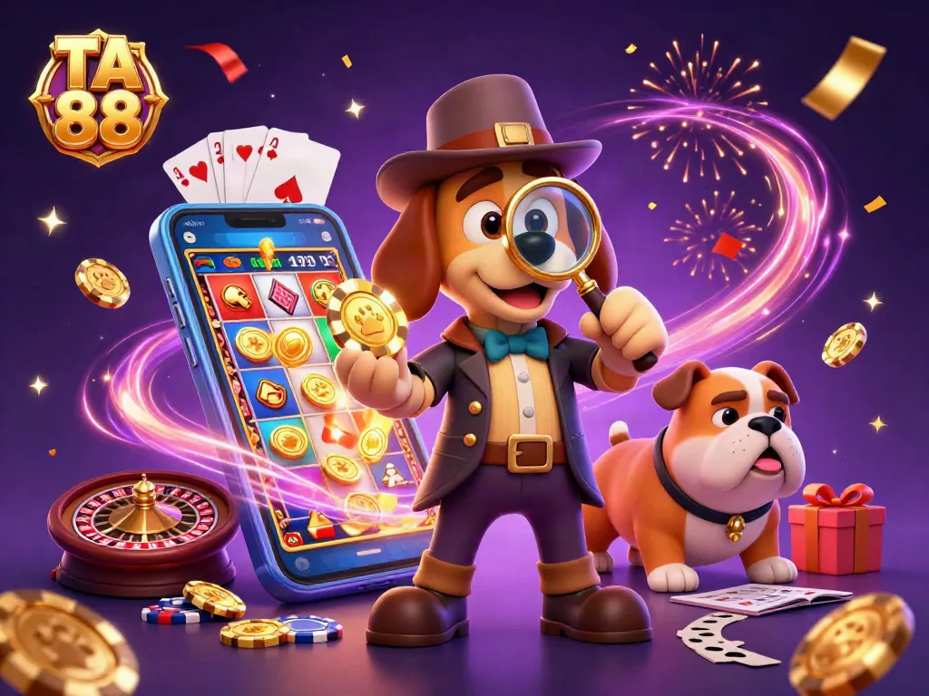 Win big with TA 88 by exploring a vibrant casino scene with cartoon detective and clues leading to treasure.