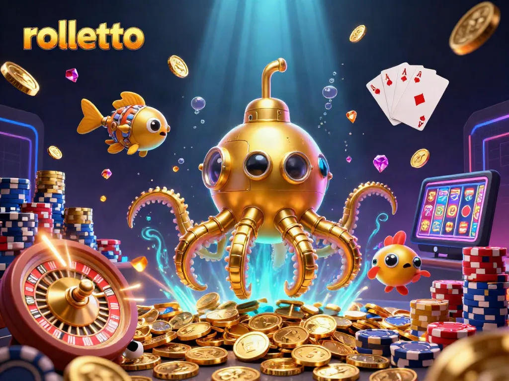 Experience rolletto's vibrant casino world with dynamic golden kraken and floating treasures.