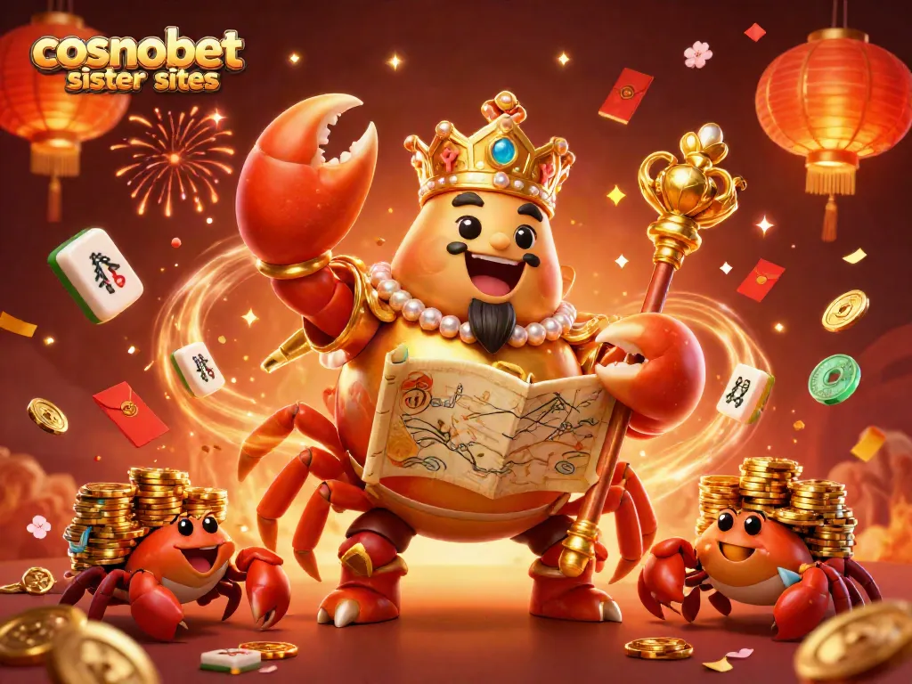 Engage with cosmobet sister sites in this festive 3D casino scene showcasing a majestic crab emperor.
