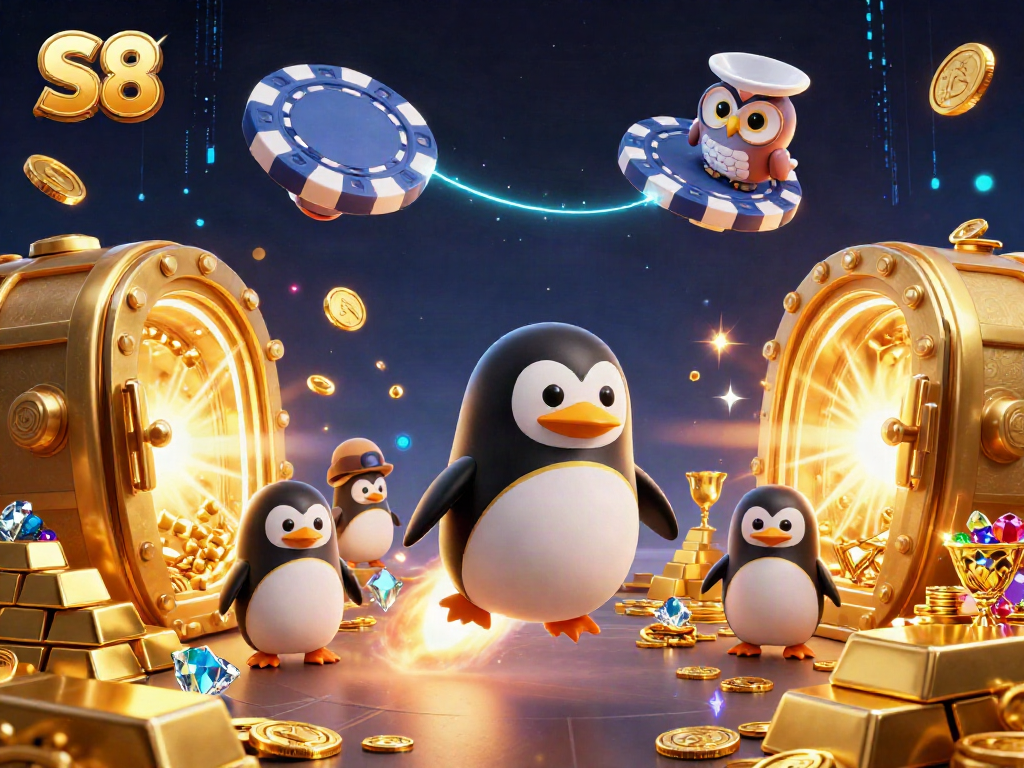 Experience S8’s thrilling adventure with a golden penguin racing towards a dazzling casino!