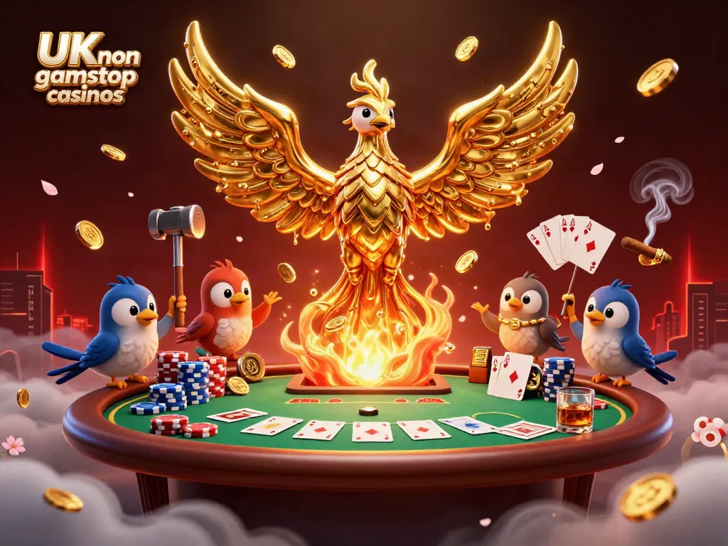 Experience excitement at UK non gamstop casinos with a golden phoenix emerging amidst casino elements.