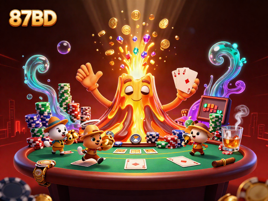 Join the adventure at 87BD, featuring a triumphant golden volcano erupting coins in an exciting casino scene.