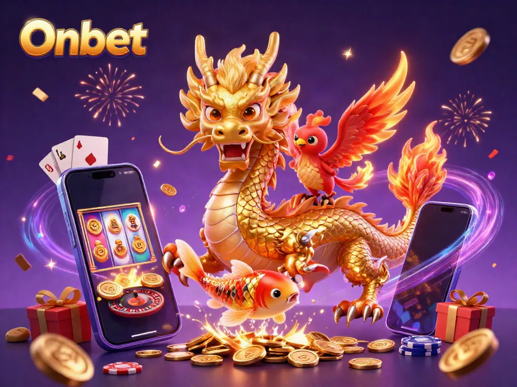 Experience thrill with Onbet featuring a golden dragon and vibrant casino elements.