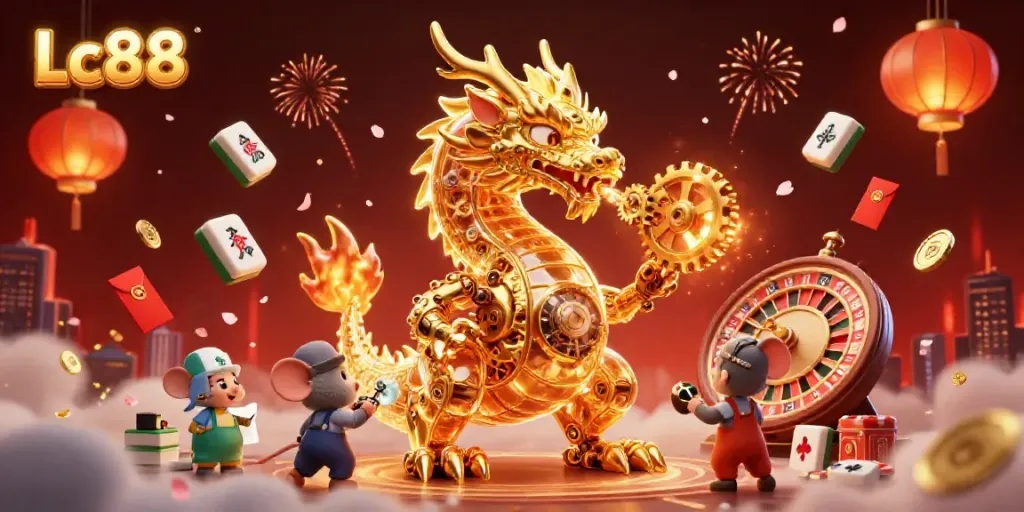 Experience thrilling adventures at Lc88 casino with a captivating 3D dragon illustration and dynamic gaming elements.