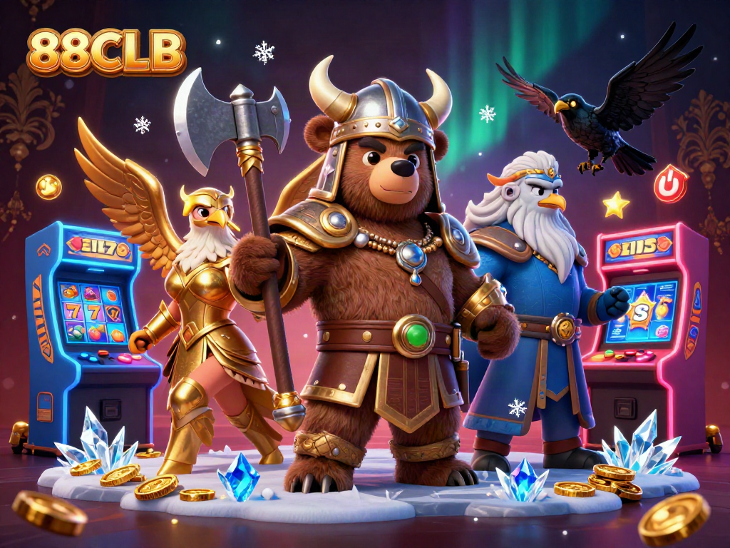 Experience thrilling slot games with 88CLB in this vibrant 3D casino illustration.