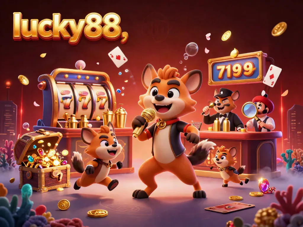 Lucky88 casino illustration with hyenas as comedians and bartenders amidst slot machines and vibrant treasures.