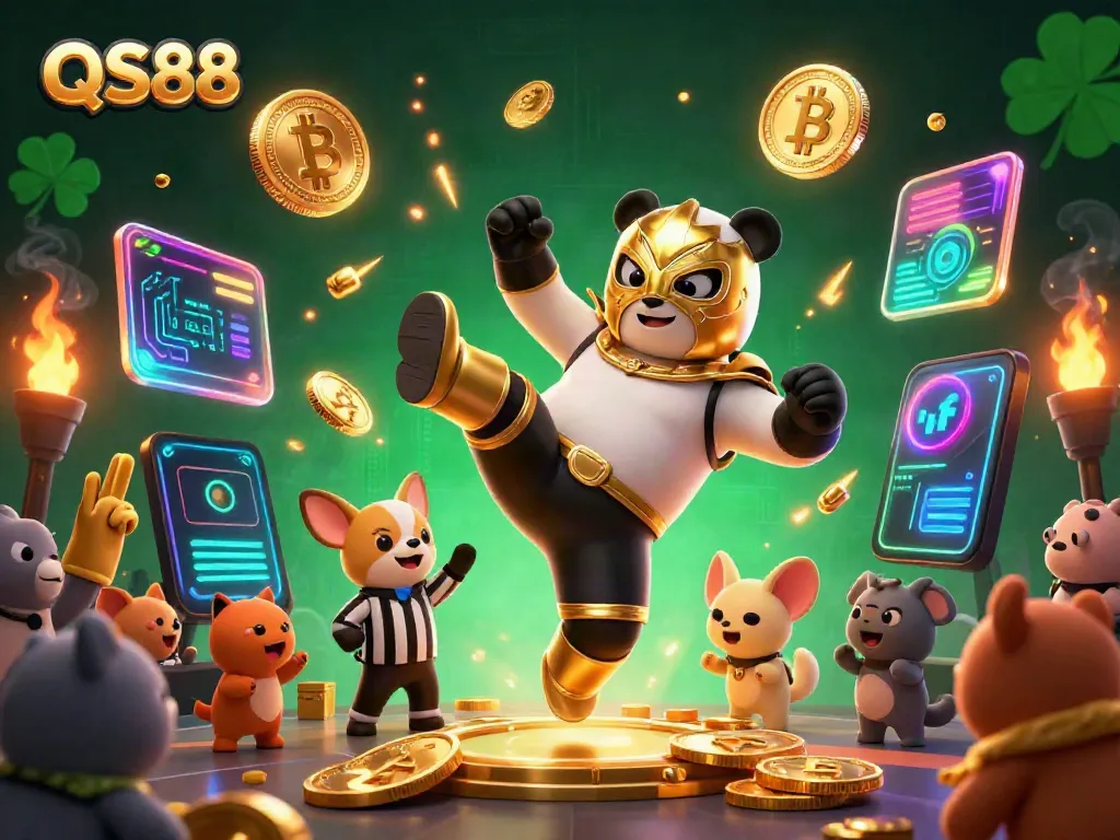 Engage with QS88's thrilling atmosphere as the panda wrestler leaps into action, surrounded by crypto elements.