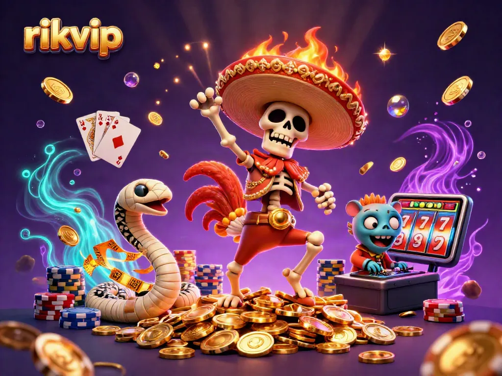 Engage with rikvip's vibrant casino adventures featuring a dynamic scene of celebratory characters.