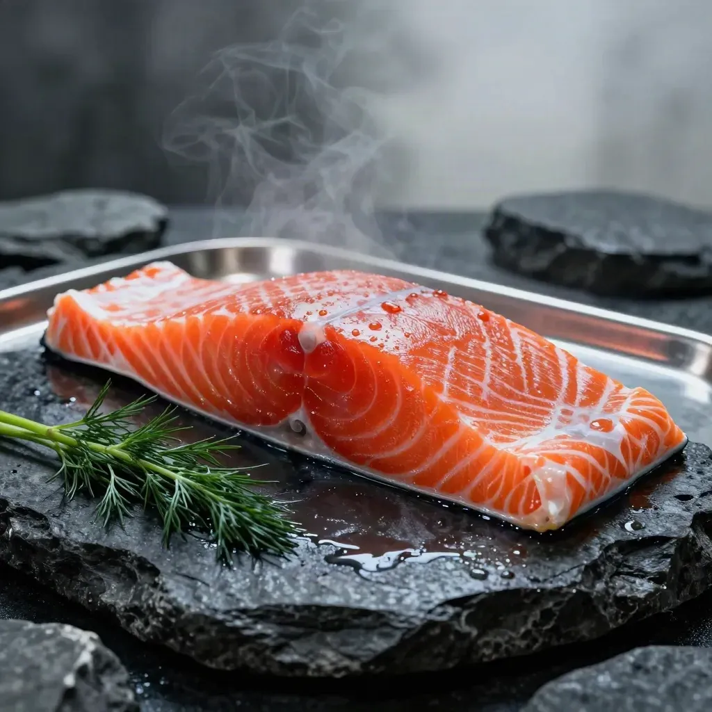 Salmon side on wet basalt with dill, steel tray, and cold vapour, lit with a dramatic rim.
