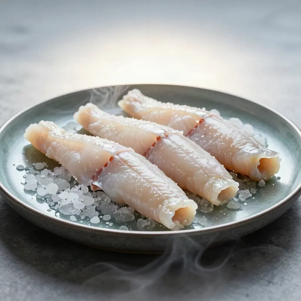 Four cod loins on ice-grey acrylic with salt, a metal dish, fine mist and a subtle teal accent.
