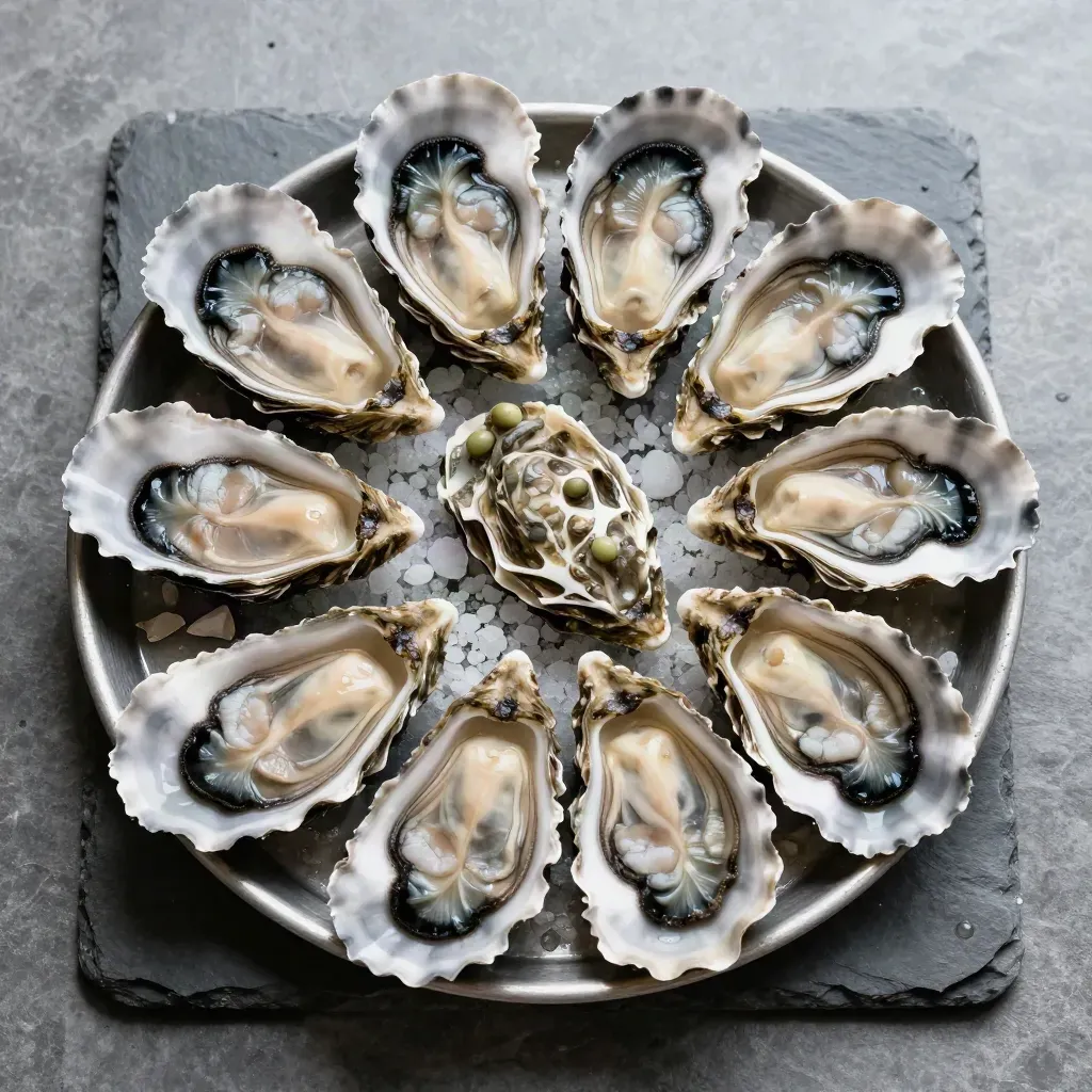 Overhead tray of native oysters with shell fragments and coarse salt on cool stone.