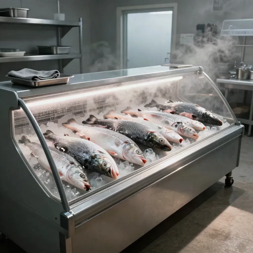 Frosted mixed fish fillet case on ice in a cold room, with steel tray and grey cloth.