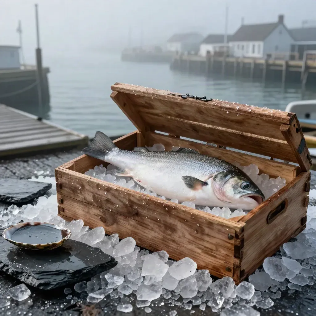 Cornish cod trade box on crushed ice with shellfish trays in a misty dockside crate.