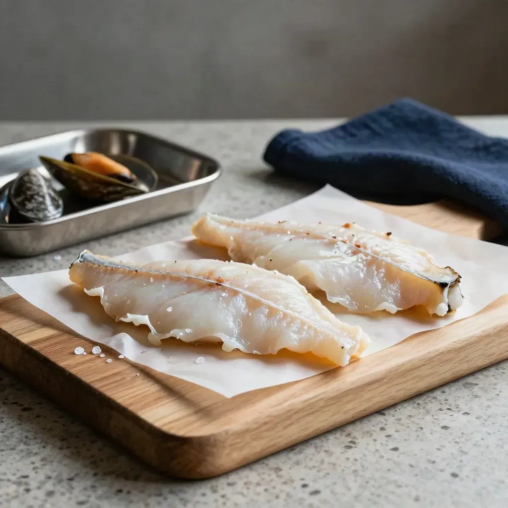 Dover sole fillets on damp parchment with mussel shells and salt on an oak board