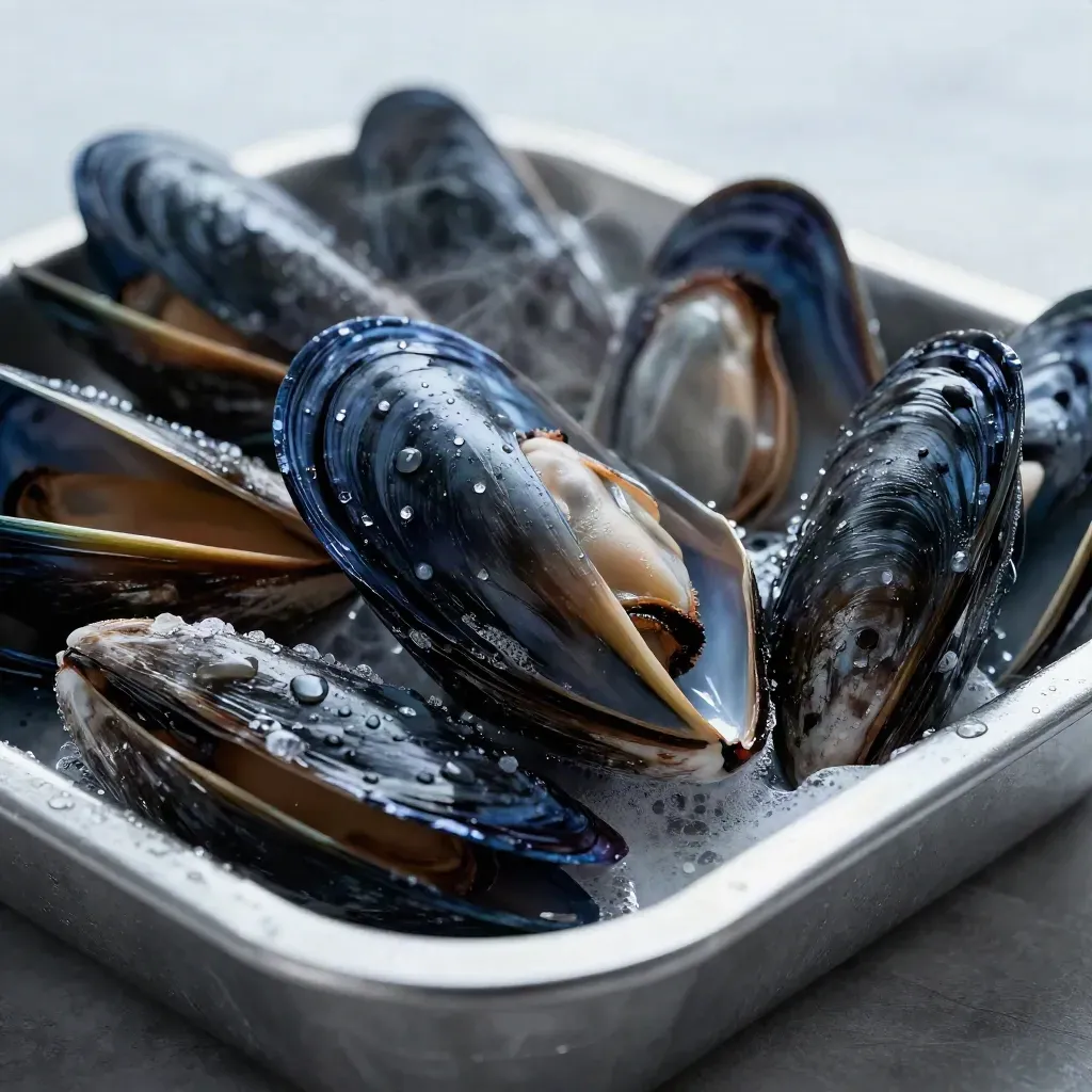 Top-down close-up of mussels in a zinc tray with brine droplets and foam.
