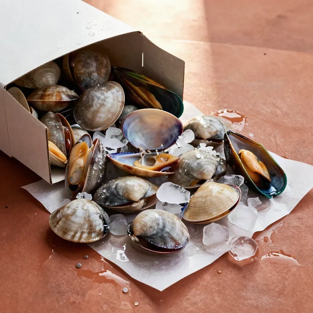 Open shellfish box with mussels, clams, cockles and lobster claws on ice.