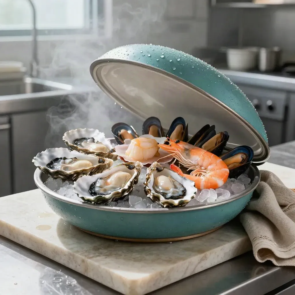Open chef shellfish box overflowing with oysters, scallops, mussels and prawns on crushed ice