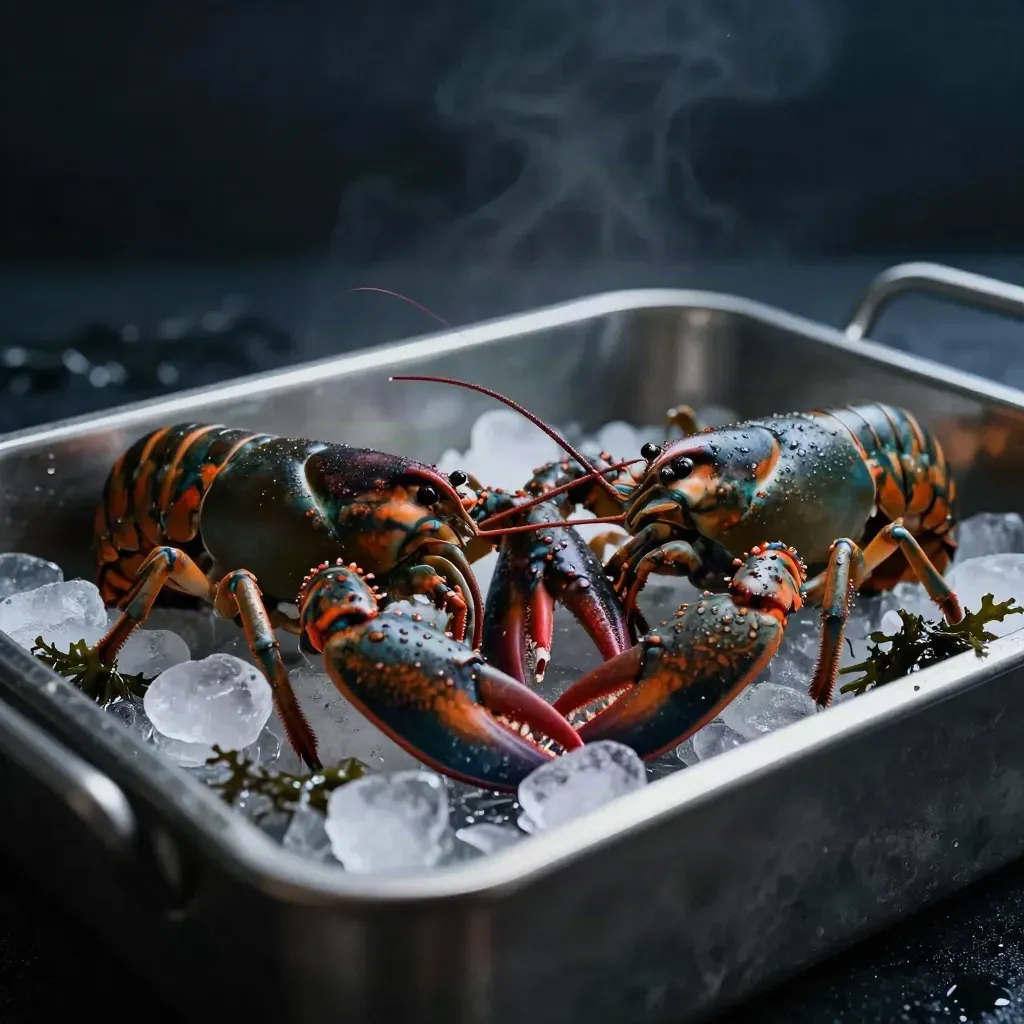Two wet native lobsters shifting in a metal crate with ice and seaweed, lit dramatically.