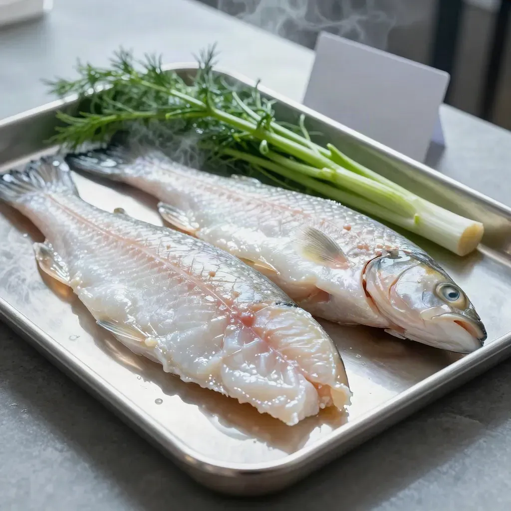 Sea bass fillets with fennel on a steel tray in soft cold light and vapour.
