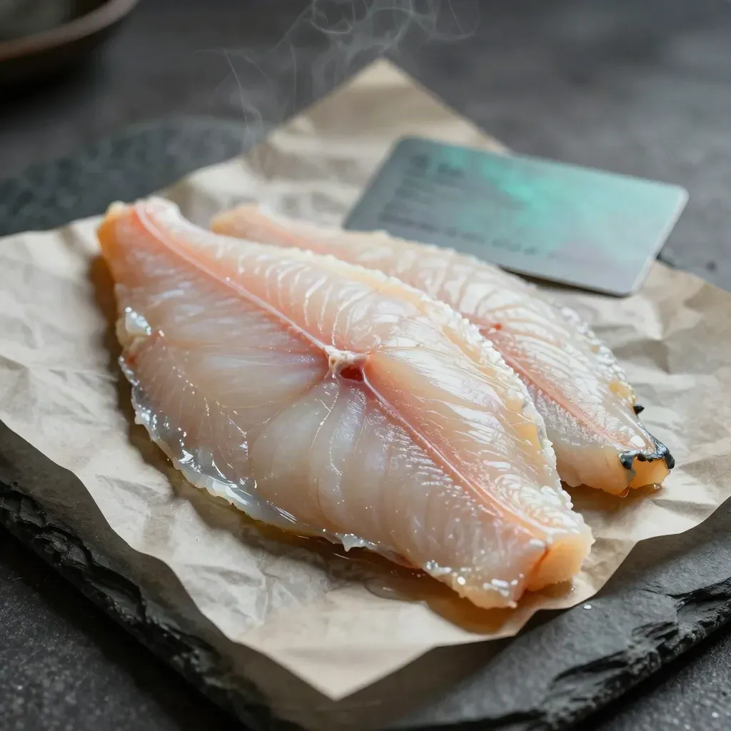 Macro plaice fillets on damp parchment over dark stone, rim-lit with mist