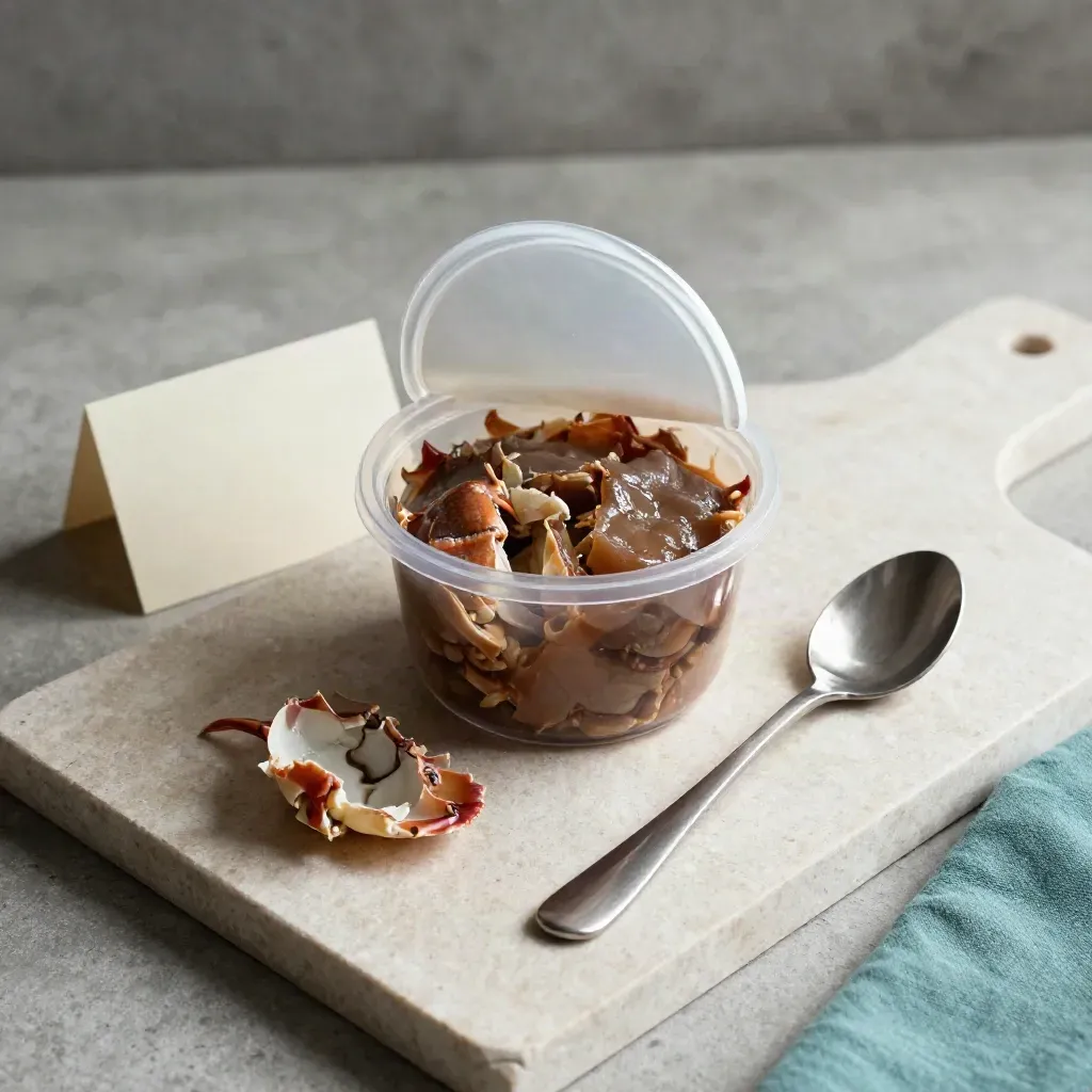 Overhead crab meat tub with lifted lid, spooned mound, shell fragments and a teal cloth on pale stone.