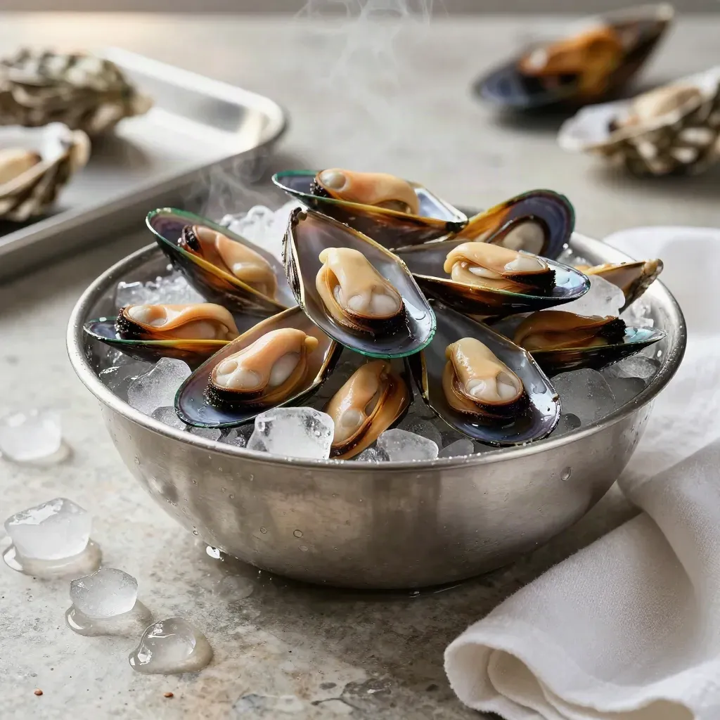 Glossy peeled mussels piled in a chilled steel bowl with melting ice and cold vapour.