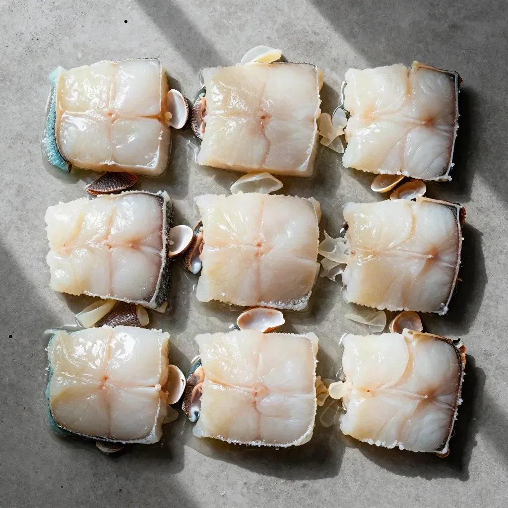 Overhead turbot portions in a tight grid on wet concrete with shell shards.