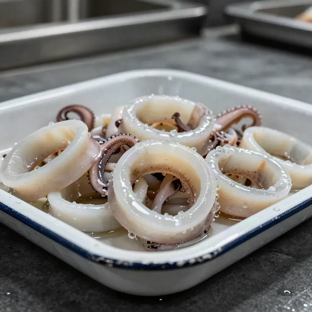 Macro of glossy squid rings in a shallow enamel tray with ice crystals and condensation.
