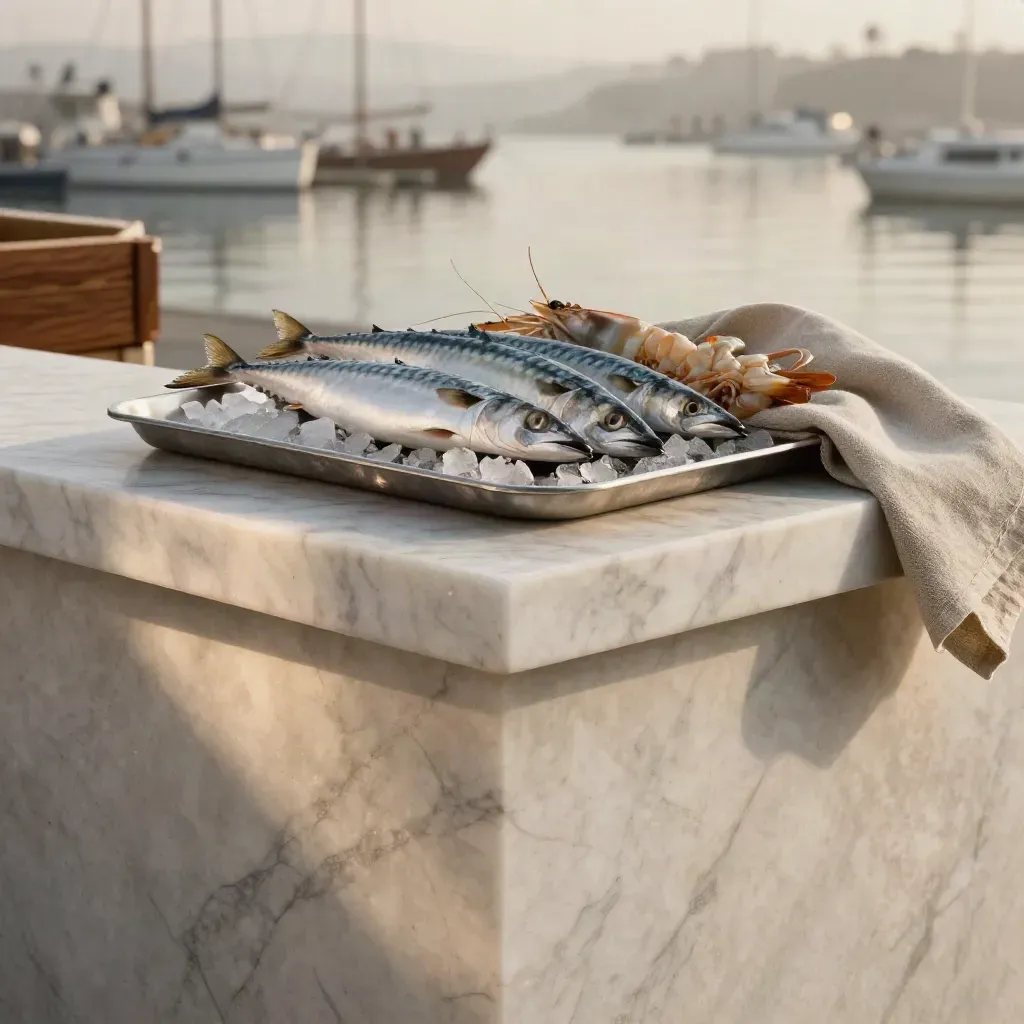 Marble fish prep ledge with seafood and sunrise harbour haze, calm copy space below.