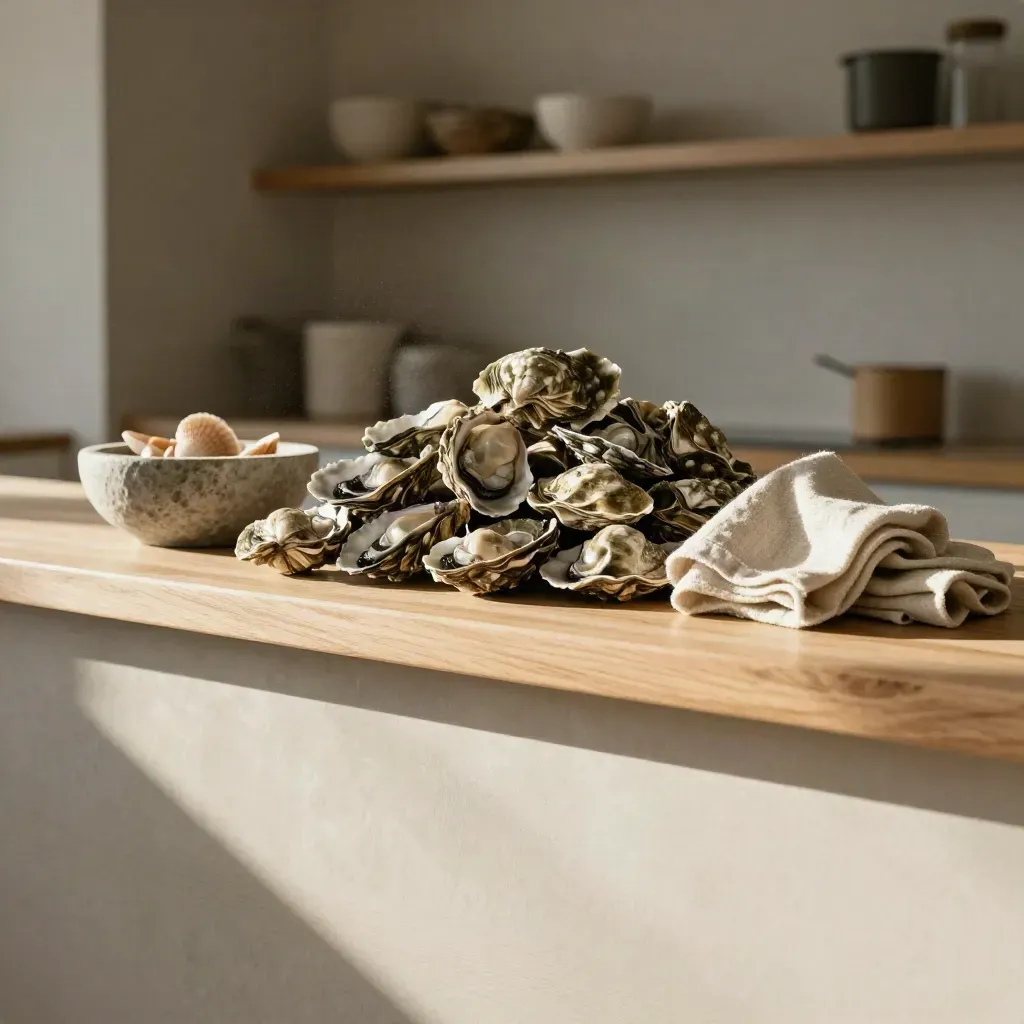 Shellfish shells and pale oak in a warm coastal kitchen nook with soft afternoon light