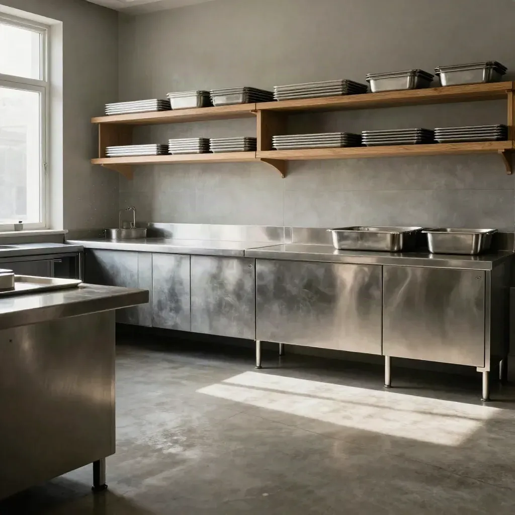 Sunlit stainless seafood prep room with oak shelves and blank trays, calm copy space below.